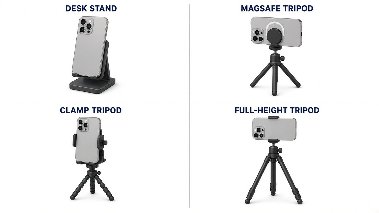 Desk stand, MagSafe tripod, clamp tripod, and full-height tripod types