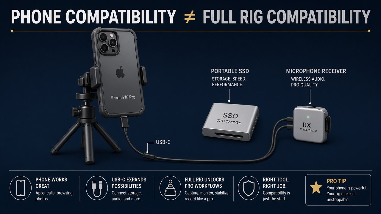 iPhone 18 Pro on a tripod with case, USB-C mic, and SSD