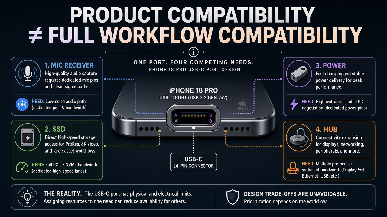 iPhone USB-C port competing among mic receiver, SSD, power, and hub