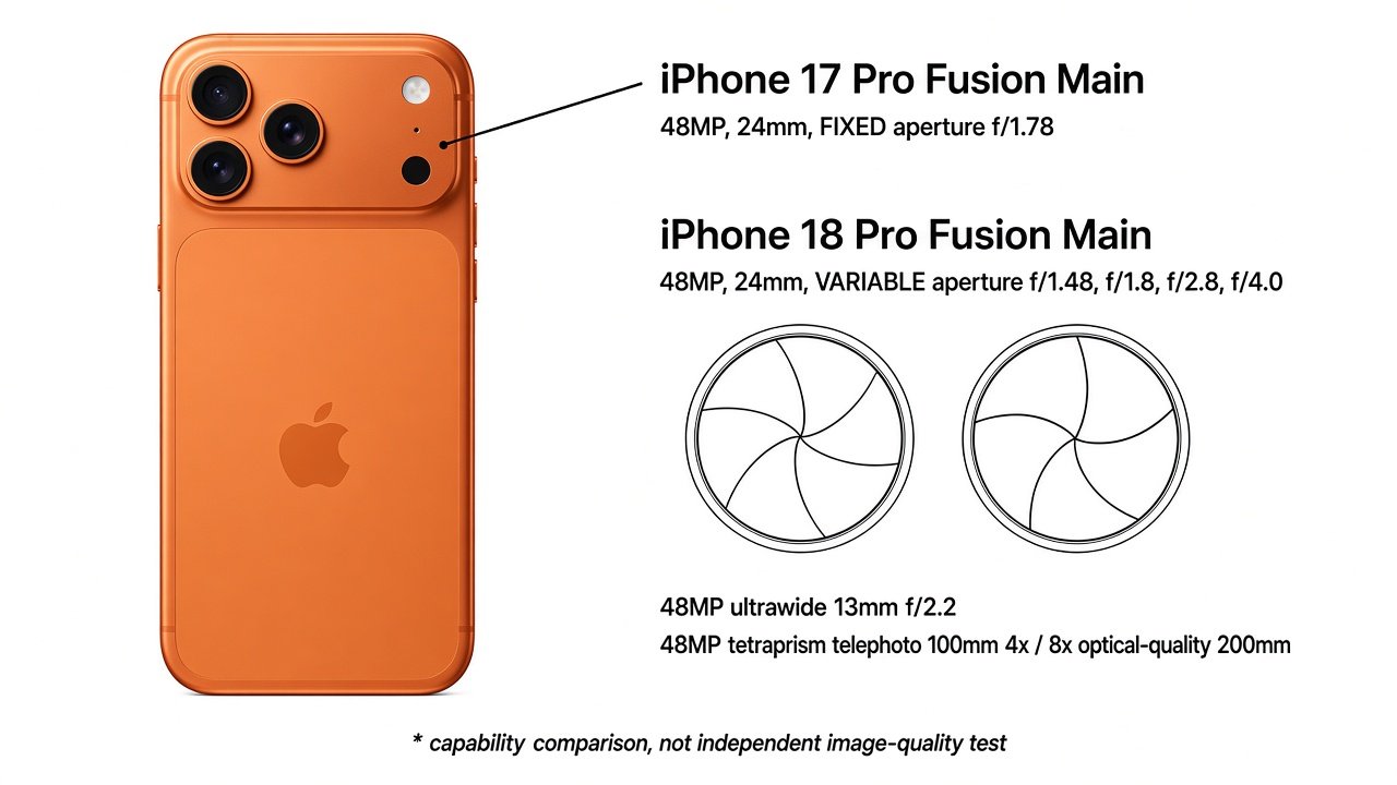Educational diagram of iPhone 18 Pro variable aperture versus iPhone 17 Pro fixed f/1.78 main camera
