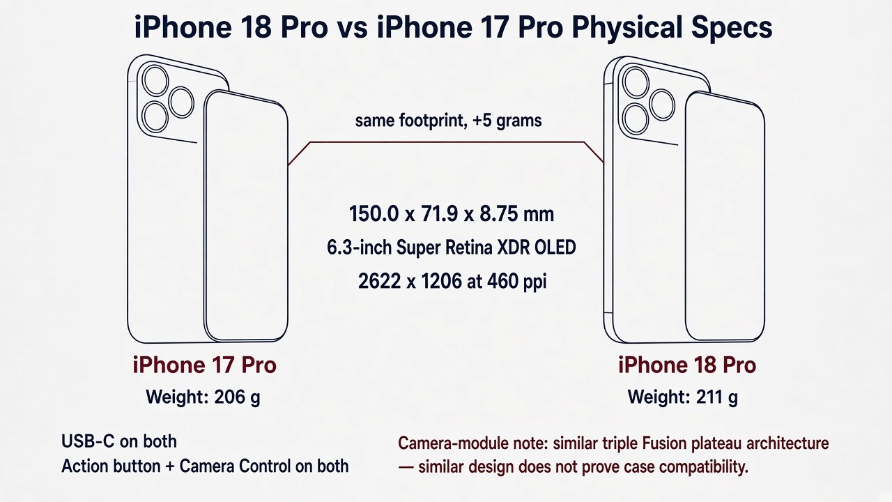 Diagram of iPhone 18 Pro and iPhone 17 Pro sharing 150.0 by 71.9 by 8.75 mm with 206 g vs 211 g weights