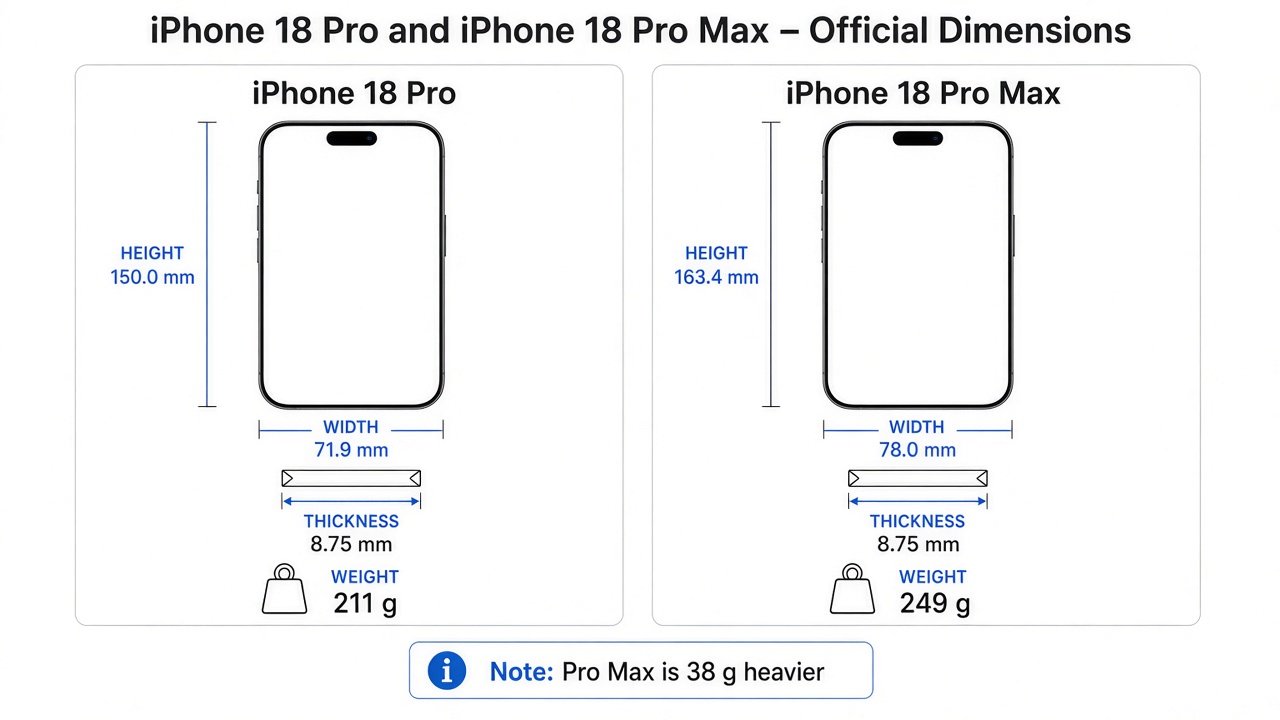 iPhone 18 Pro versus Pro Max height, width, thickness, and weight