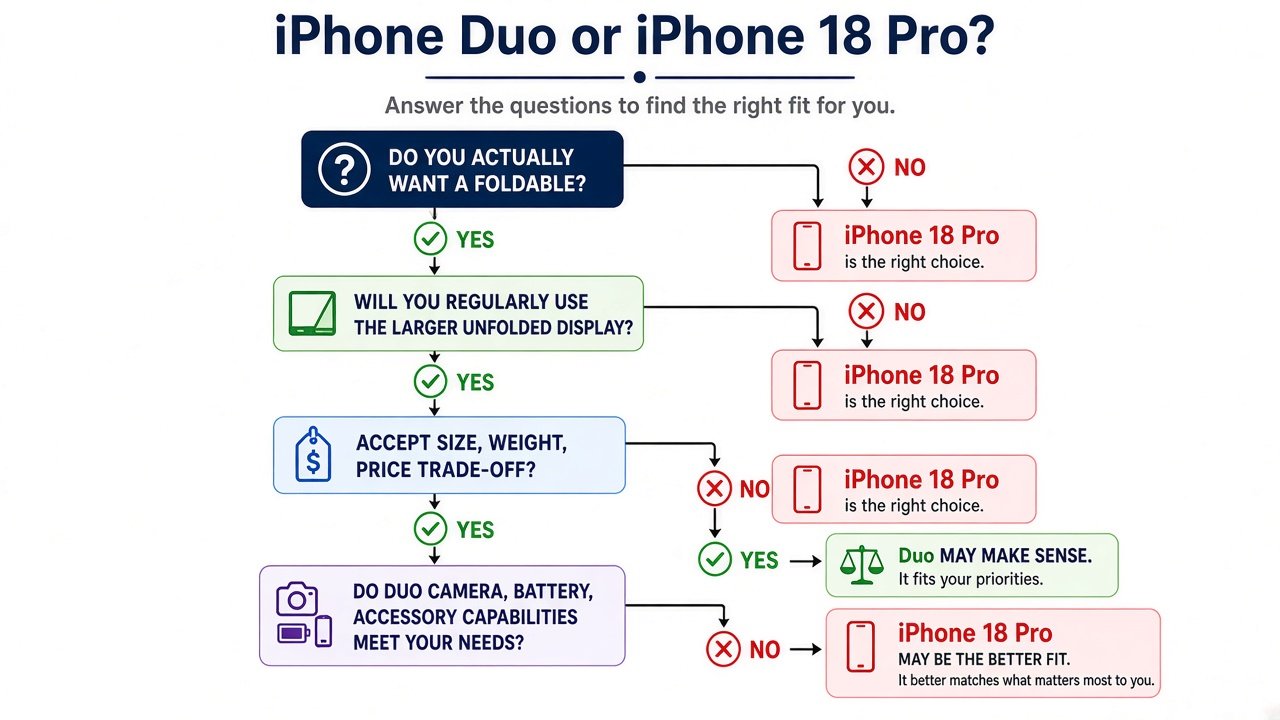 Decision infographic: iPhone Duo or iPhone 18 Pro based on whether you want a foldable