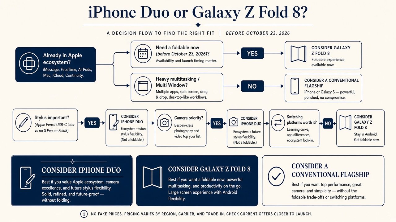 Decision flow for choosing iPhone Duo, Galaxy Z Fold 8, or a conventional flagship