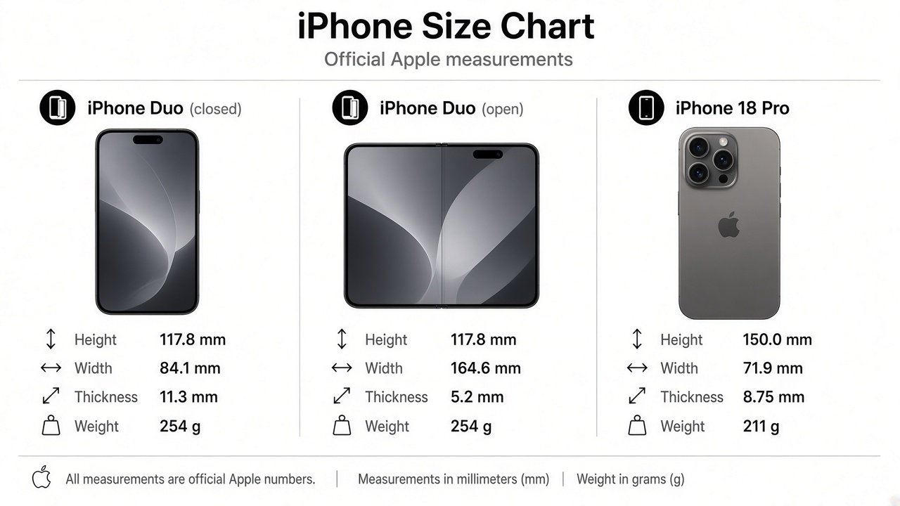 Size and weight comparison of iPhone Duo folded versus iPhone 18 Pro with official height width thickness and grams