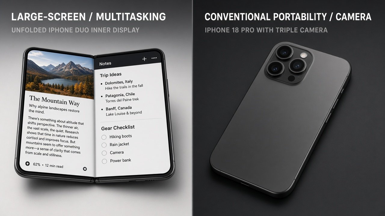 Use-case comparison: iPhone Duo large inner display versus iPhone 18 Pro everyday camera and portability