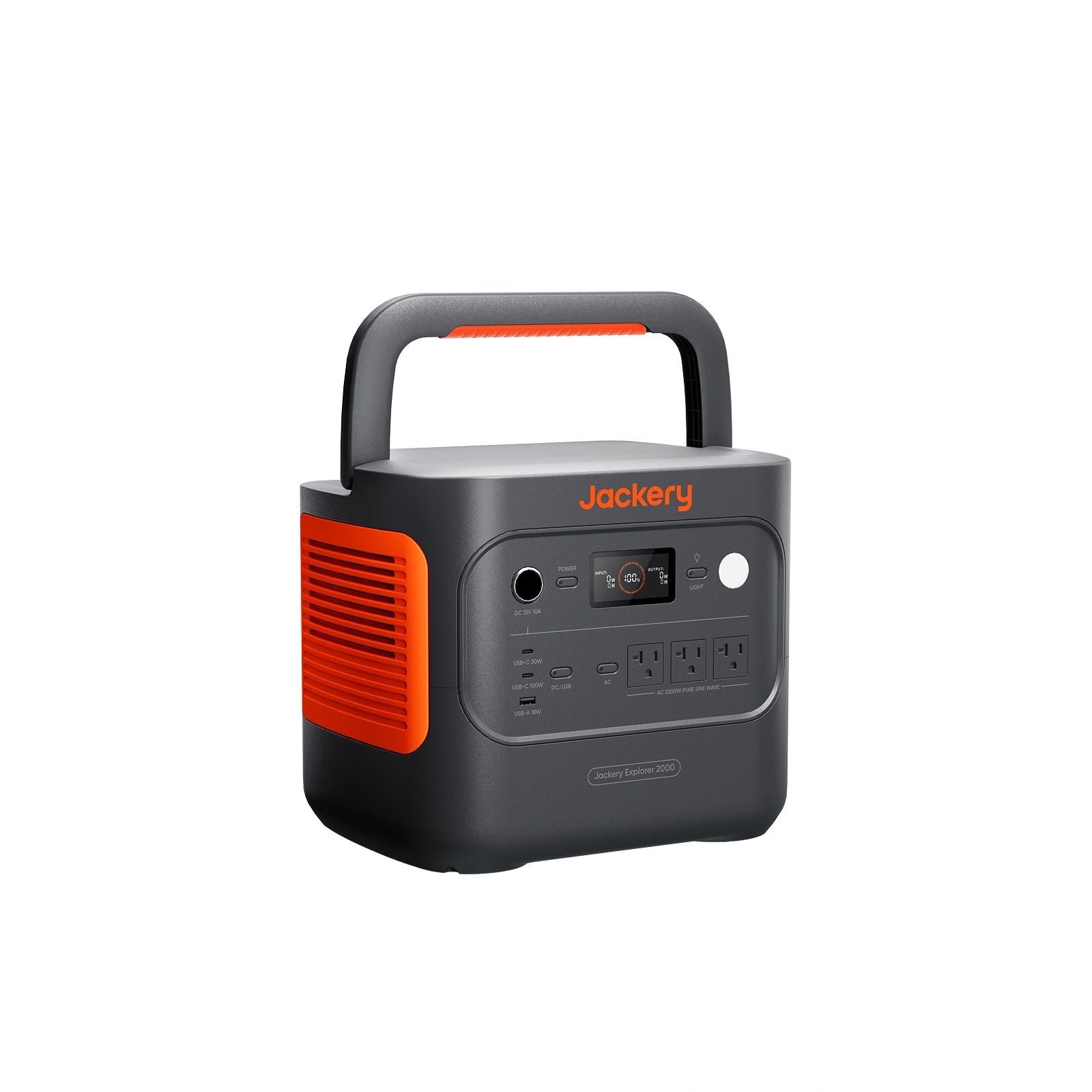 Jackery Explorer 2000 v2 front ports with AC outlets, USB-C, USB-A, and 12V car socket