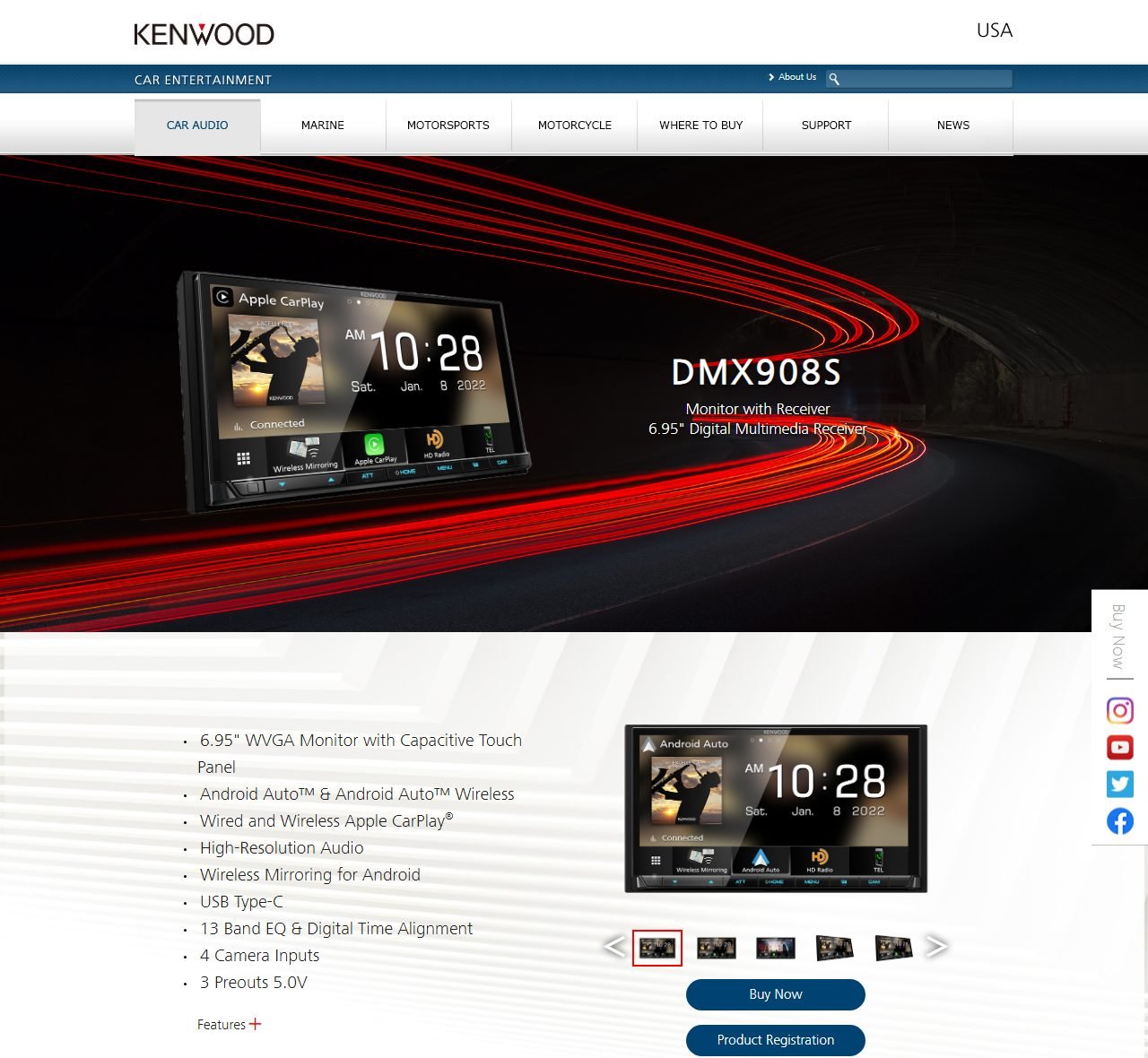 Kenwood USA product page for the Excelon DMX908S showing the 6.95-inch receiver and listed wireless Apple CarPlay, four camera inputs, and 5-volt preouts