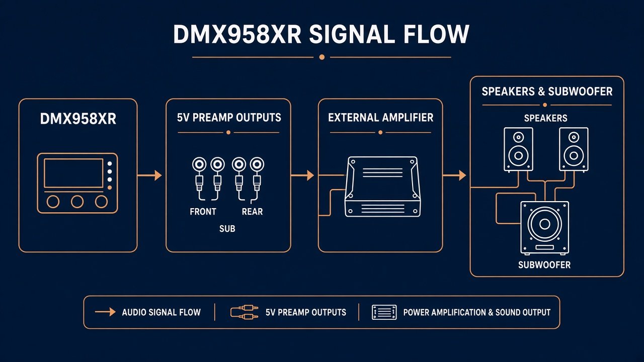 Diagram of DMX958XR feeding 5-volt preamp outputs to an amplifier, speakers, and subwoofer