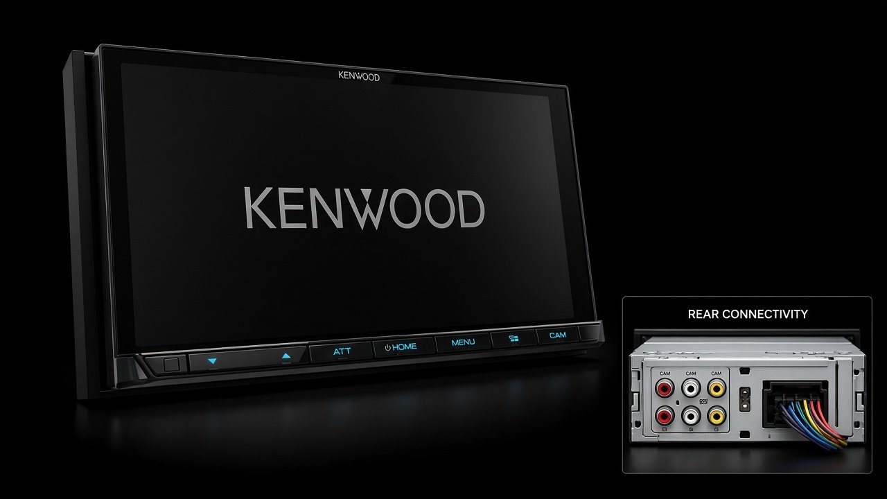 Kenwood DMX958XR receiver showing display, physical buttons, and chassis