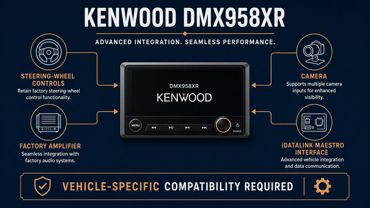 Diagram of DMX958XR connecting to steering controls, factory amplifier, camera, and Maestro interface
