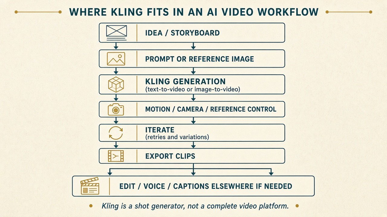 Where Kling fits in an AI video workflow from idea through export and external edit