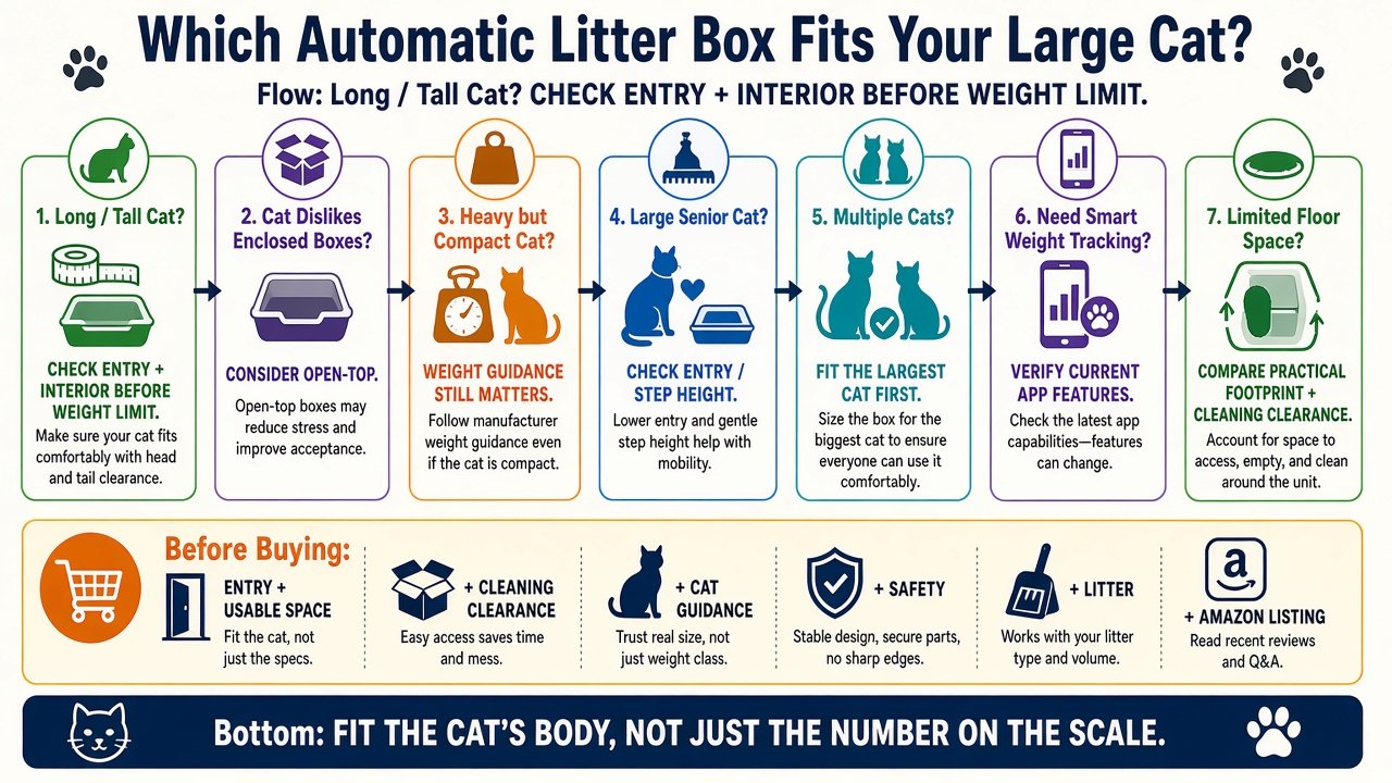 Decision infographic for which automatic litter box fits a large cat