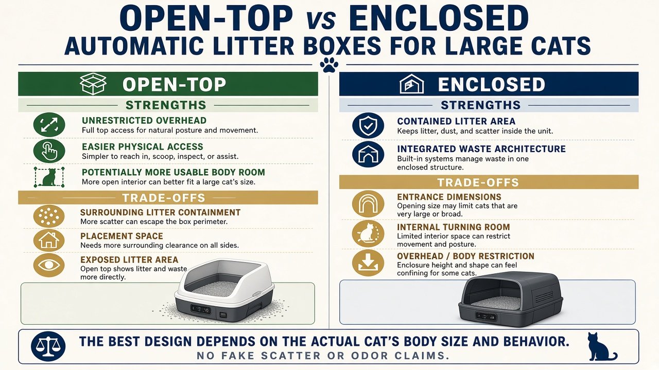 Graphic comparing open-top and enclosed automatic litter boxes for large cats