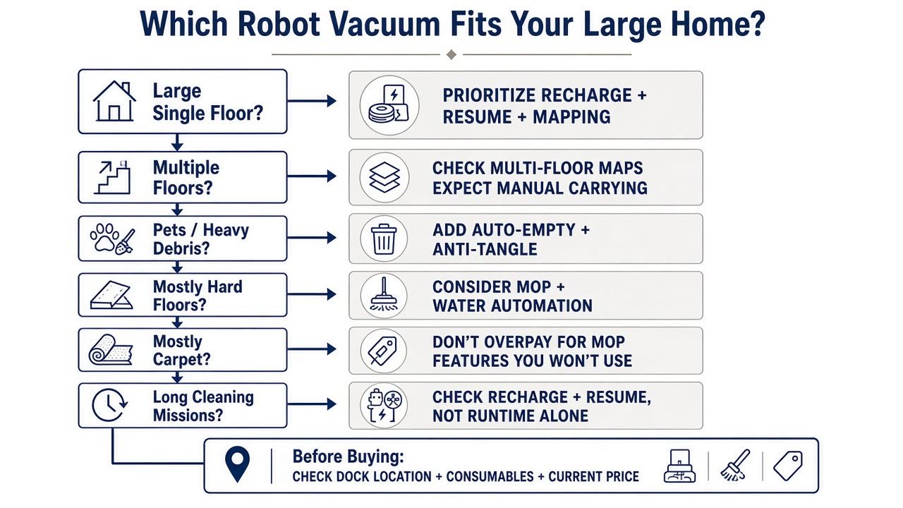 Decision flow for choosing a robot vacuum for a large home