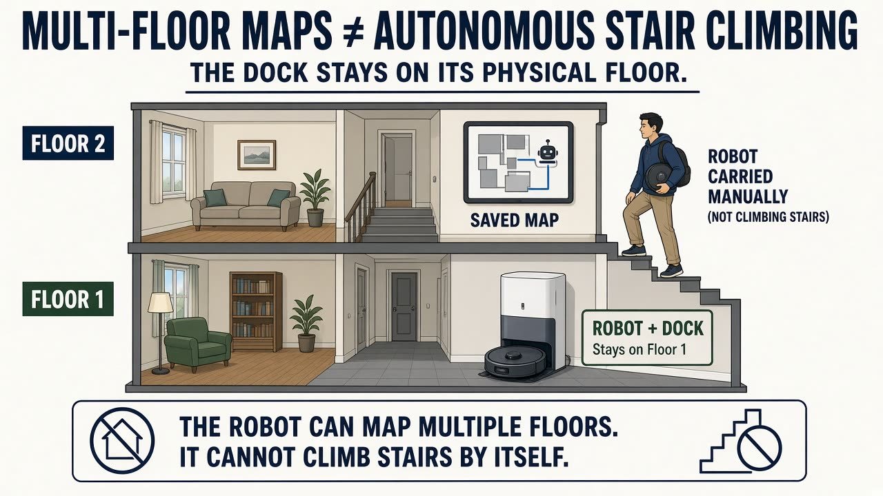 Two-story explainer: dock stays downstairs while the robot is carried up