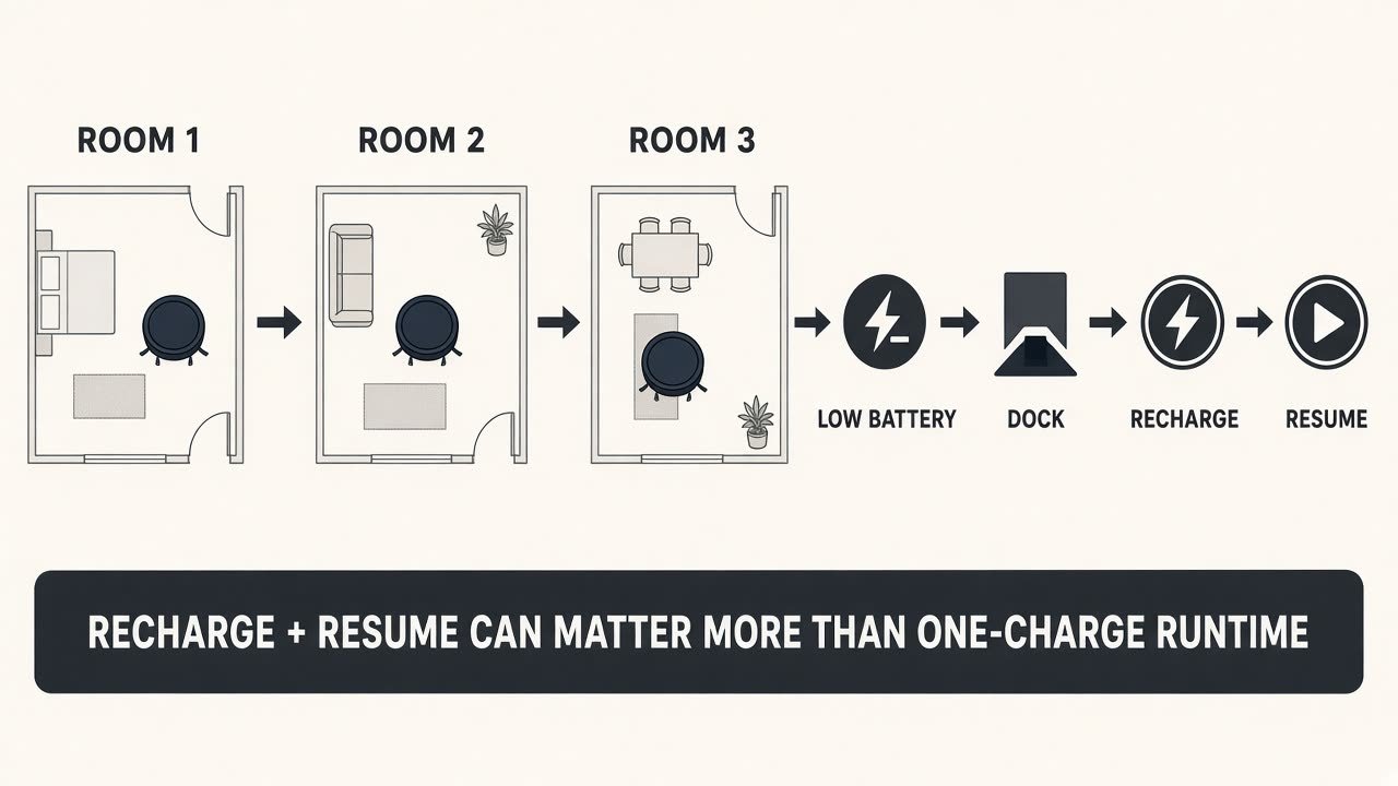 Workflow diagram: rooms, low battery, dock, recharge, resume