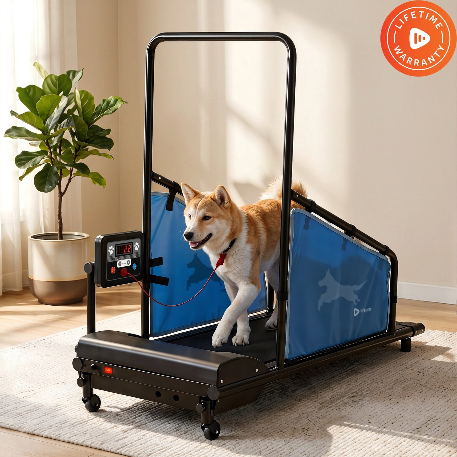 Akita walking on a Lifepro PawRunner pet treadmill in a living room for indoor exercise context