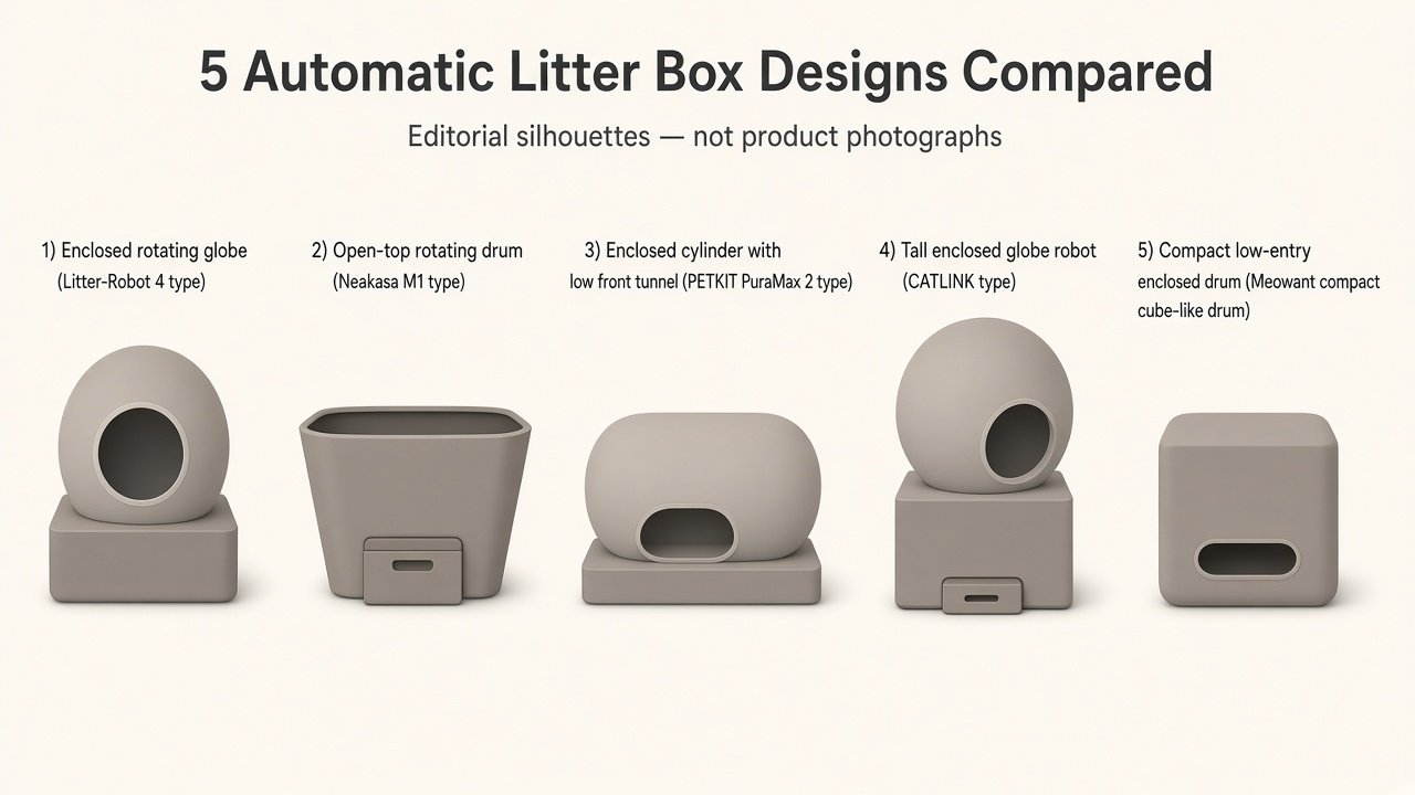 Editorial silhouettes of five automatic litter box architectures from enclosed globe to open-top and compact drum