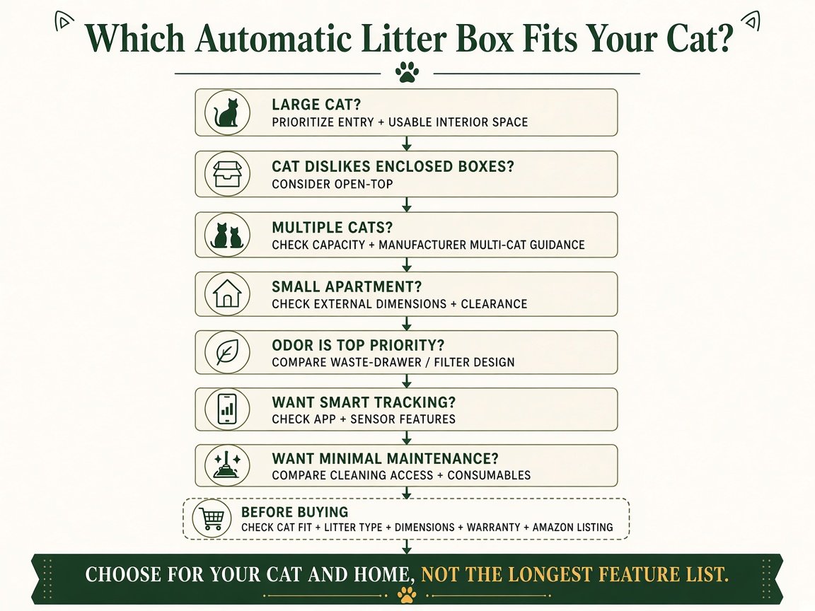 Which automatic litter box fits your cat decision infographic covering size, open-top, multi-cat, space, odor, app, and maintenance