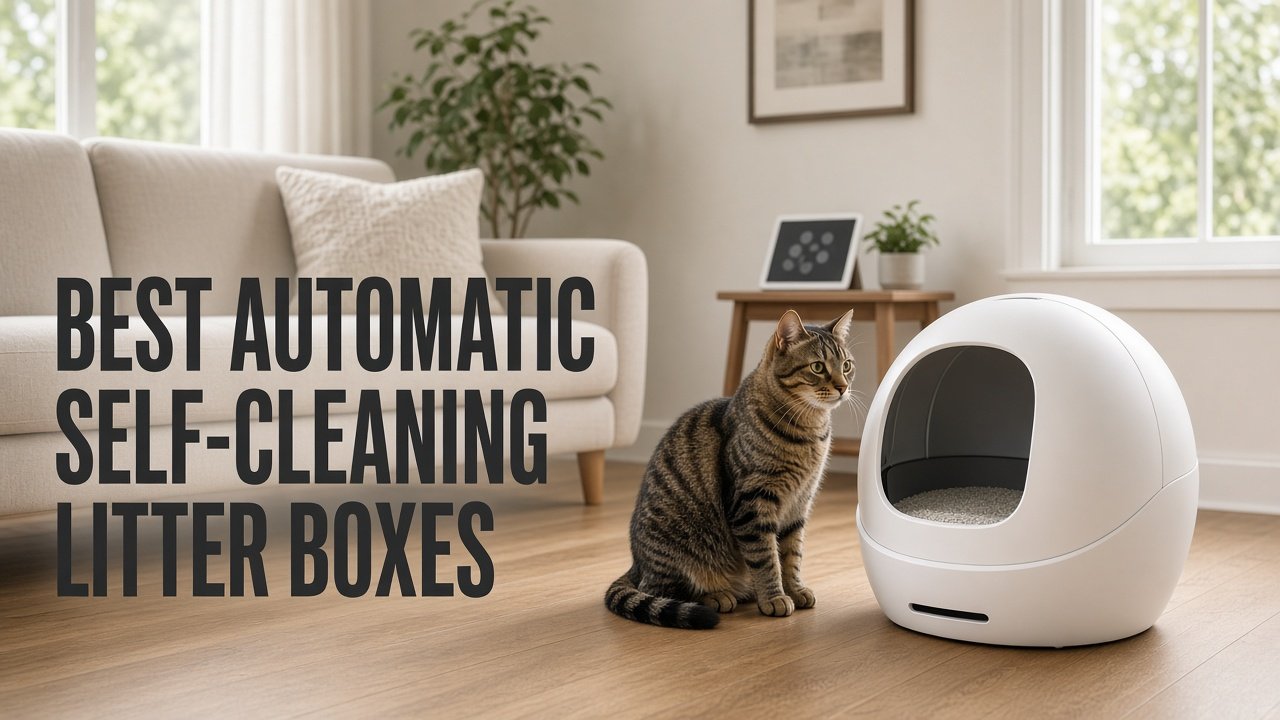 Modern living room with a cat near a premium automatic self-cleaning litter box and headline Best Automatic Self-Cleaning Litter Boxes
