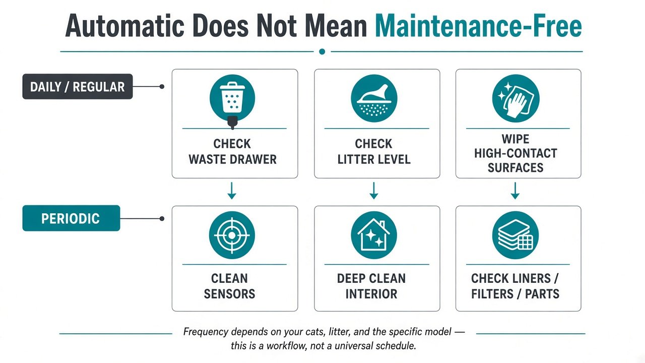 Automatic does not mean maintenance-free workflow from waste drawer checks to periodic deep cleaning