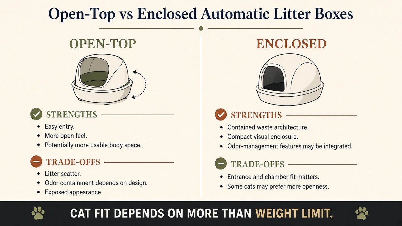 Open-top versus enclosed automatic litter boxes strengths and trade-offs infographic