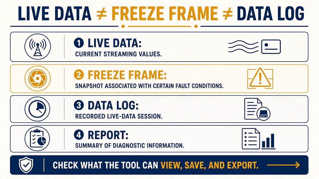 Graphic: live data is not freeze frame and is not a data log