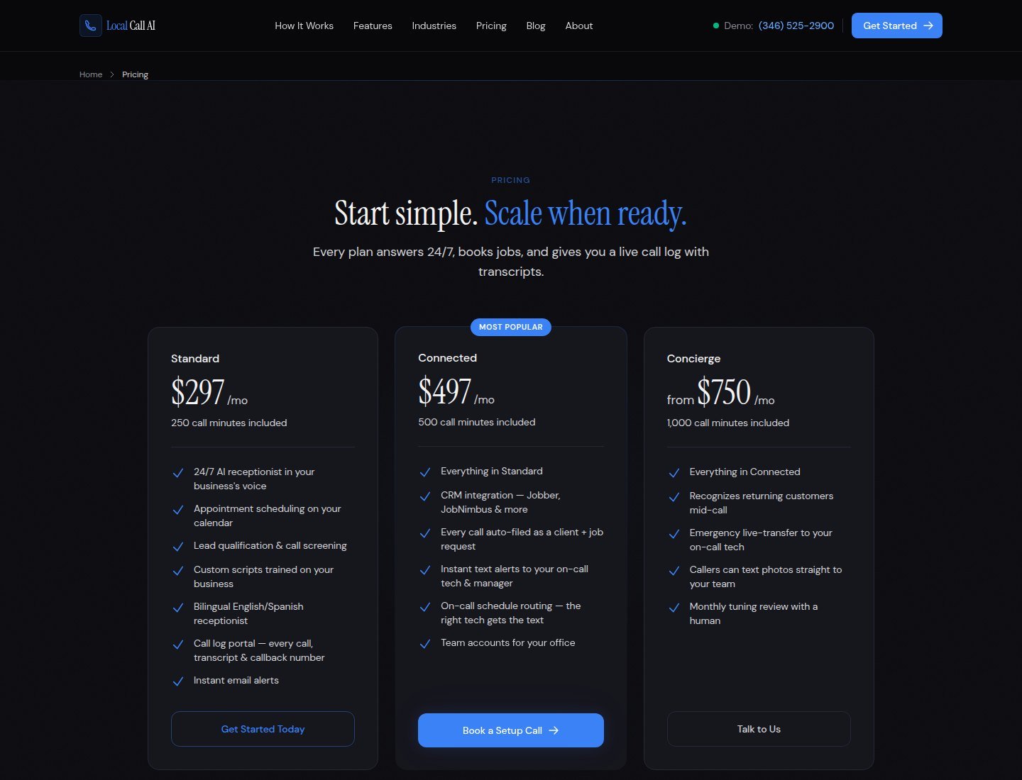 Local Call AI official contractor pricing plans