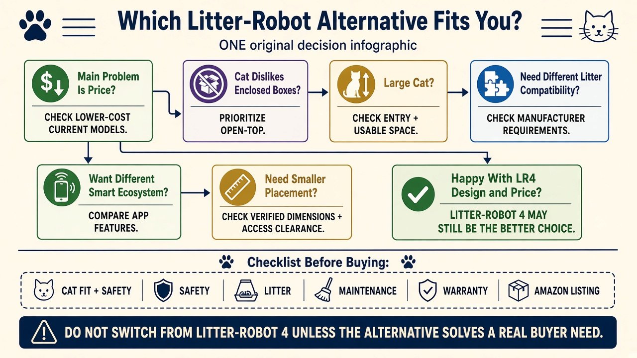 Decision infographic for which Litter-Robot alternative fits you