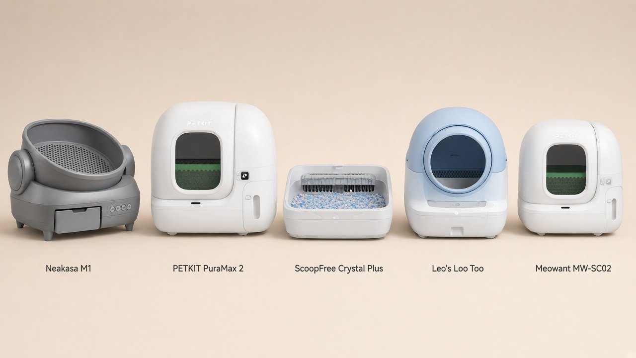 Five current Litter-Robot alternatives in a studio row