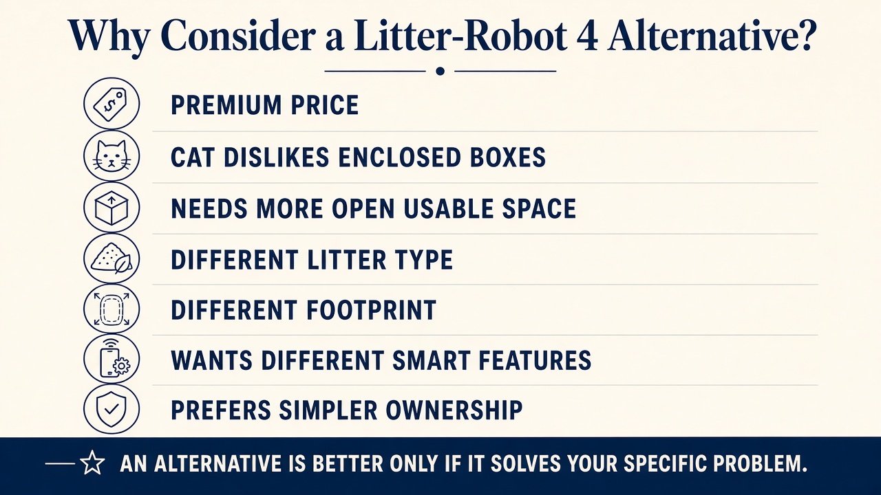 Graphic listing reasons buyers consider a Litter-Robot 4 alternative