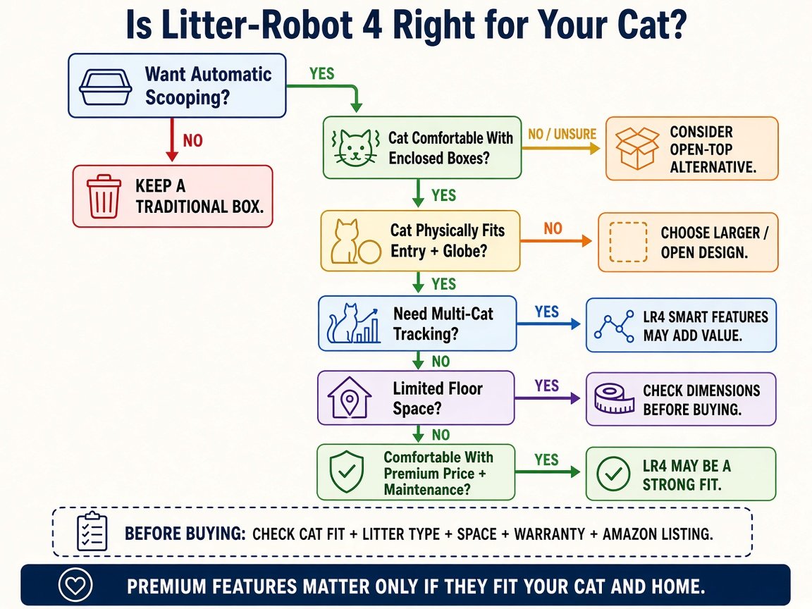 Is Litter-Robot 4 right for your cat decision infographic covering enclosed fit, space, price, and Amazon listing checks