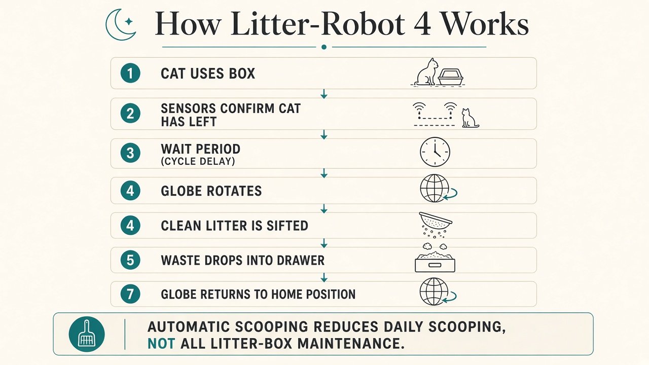 How Litter-Robot 4 works flowchart from cat using the box through sifting to globe home position