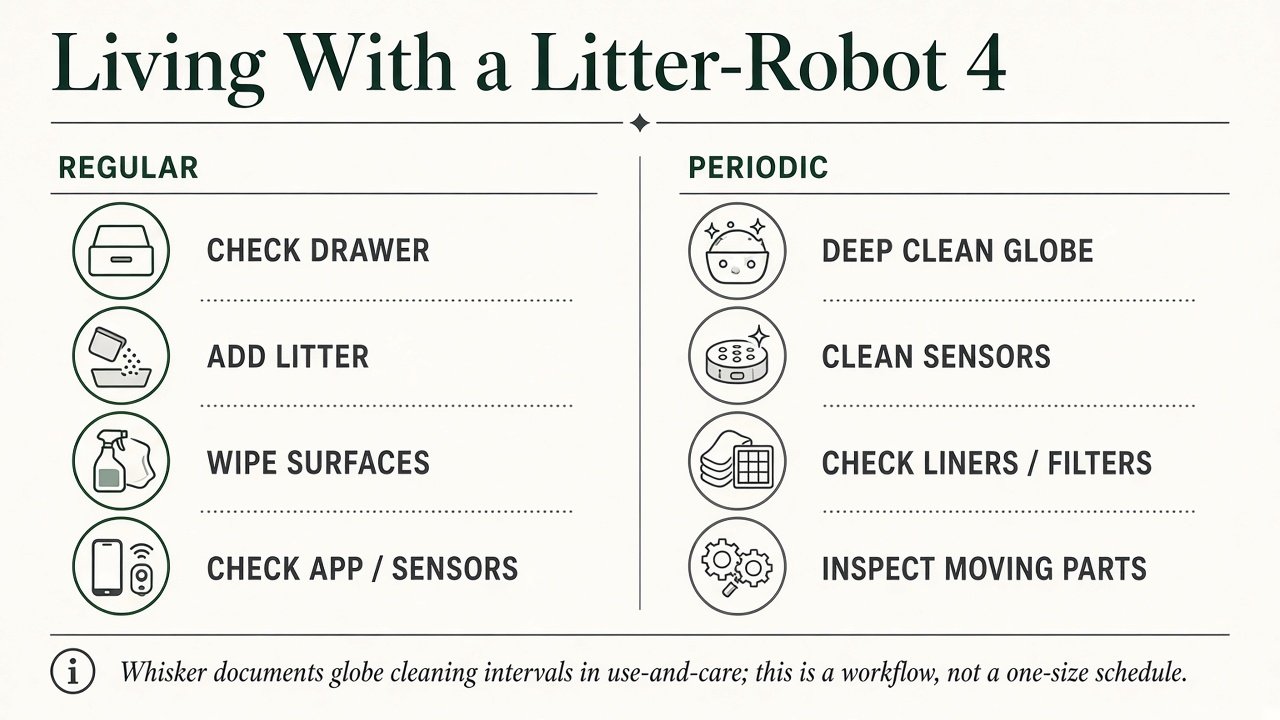 Living with a Litter-Robot 4 regular drawer litter wipe and app checks versus periodic globe and sensor cleaning