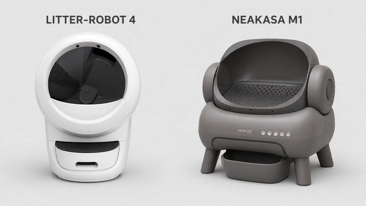 Side-by-side white globe and grey open-top automatic litter boxes