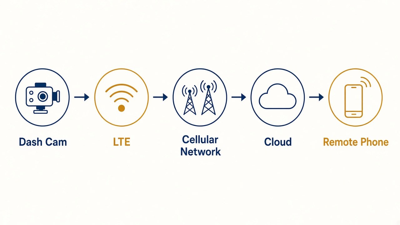 LTE dash cam workflow diagram: camera to cellular network to cloud to a remote phone