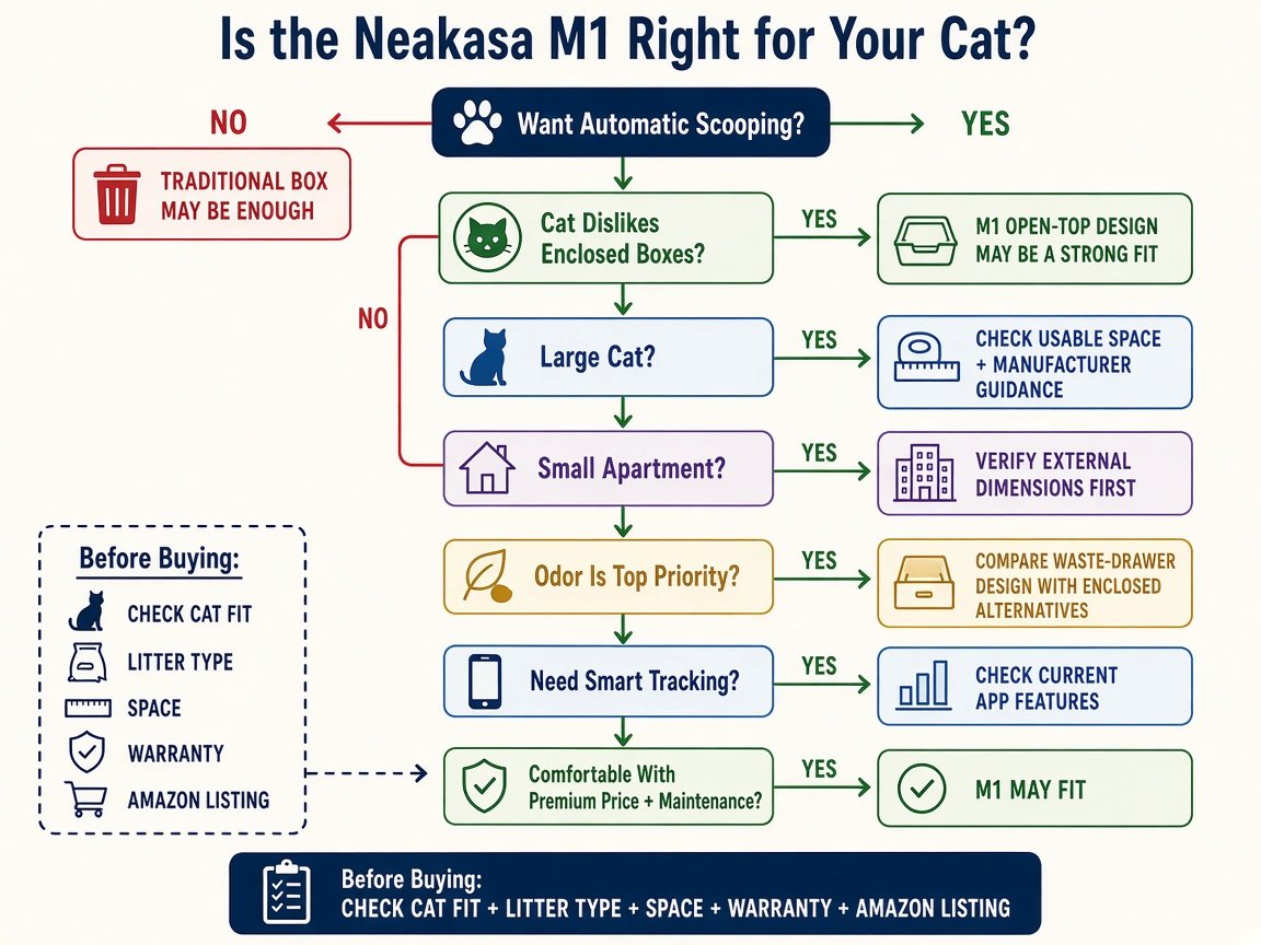 Is the Neakasa M1 right for your cat decision infographic covering enclosed-box dislike, size, space, odor, and Amazon listing