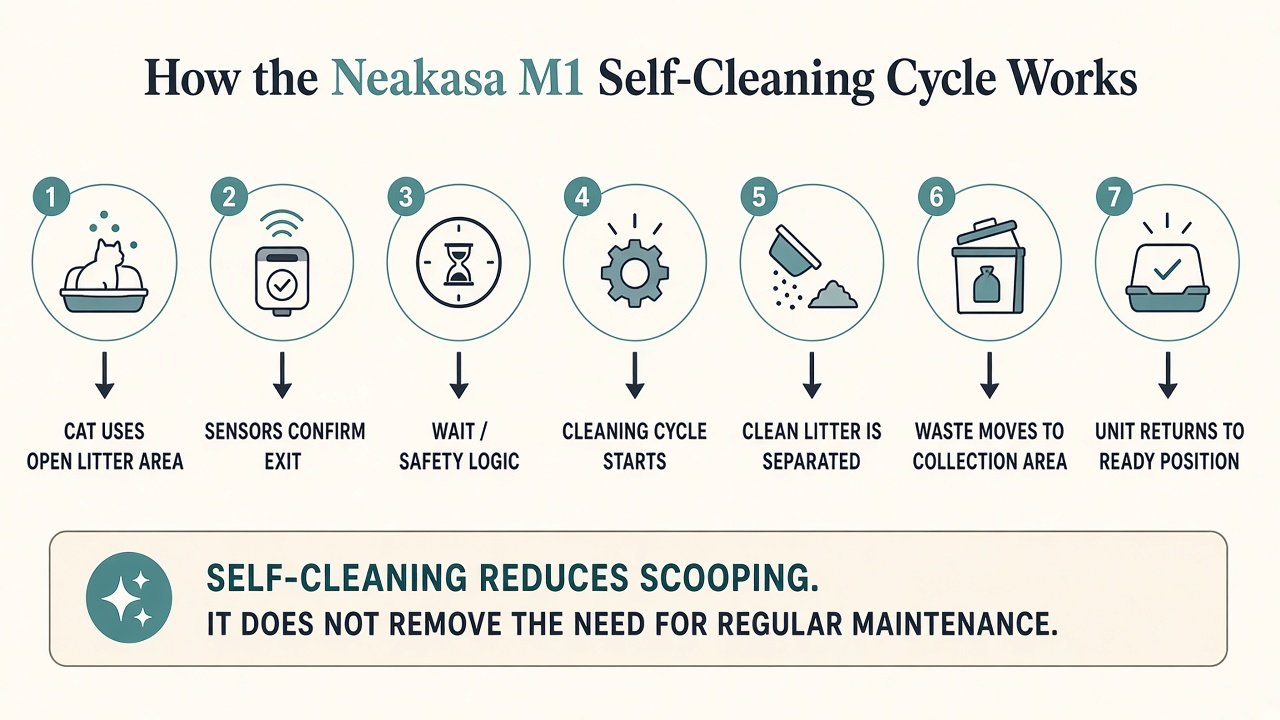 How the Neakasa M1 self-cleaning cycle works from open litter use through sifting to the collection bin