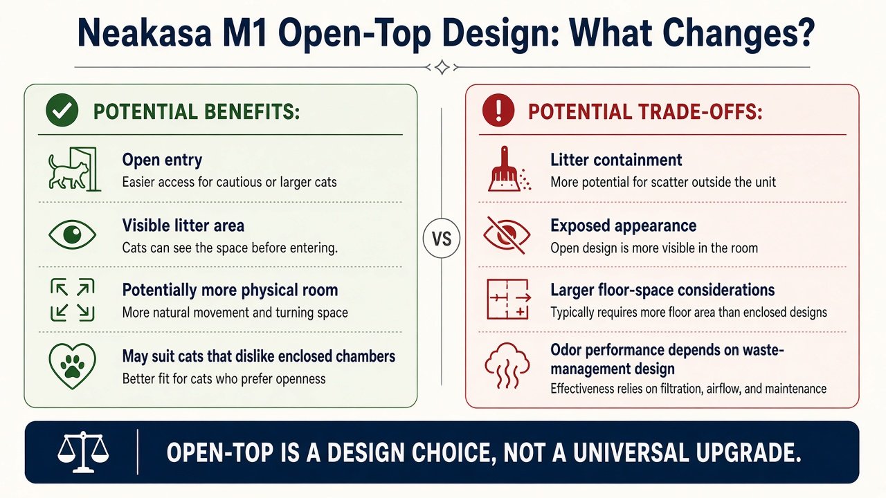 Neakasa M1 open-top design benefits and trade-offs including entry space versus litter containment