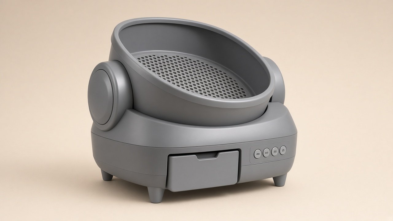 Grey Neakasa M1 open-top automatic litter box showing open bowl, grate, front controls, and waste bin