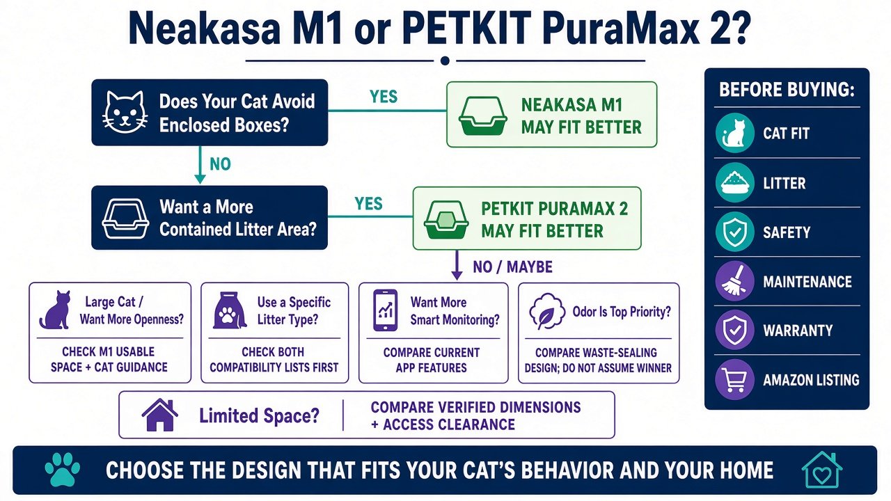Decision infographic for open-top versus enclosed automatic litter box purchase