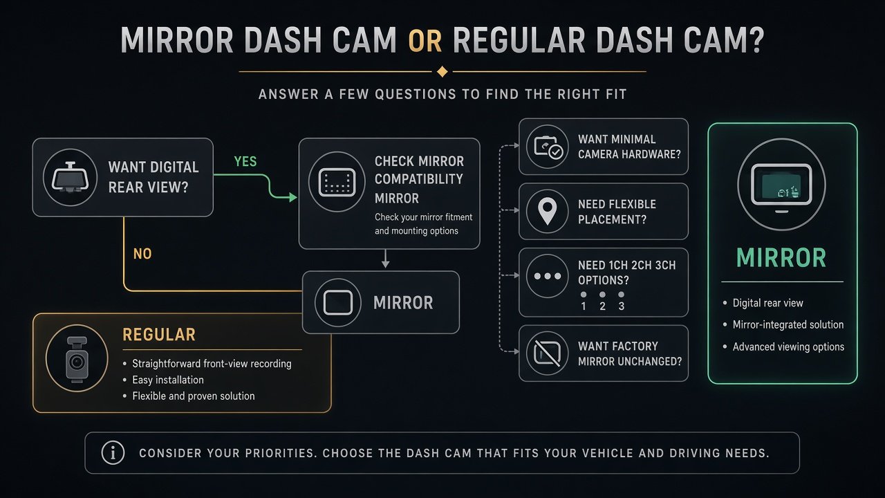 Decision flow asking whether you want digital rear view, minimal hardware, flexible placement, or an unchanged factory mirror