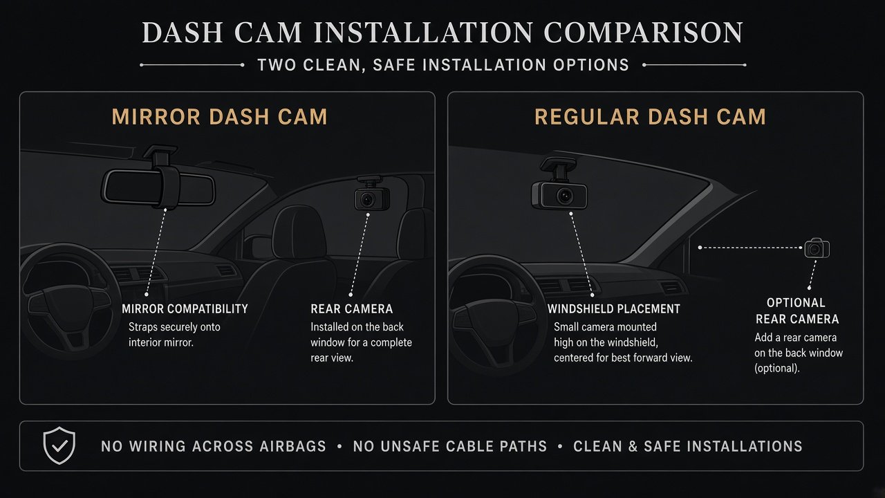 Car diagram showing mirror-dash-cam compatibility plus rear camera versus windshield placement plus optional rear camera