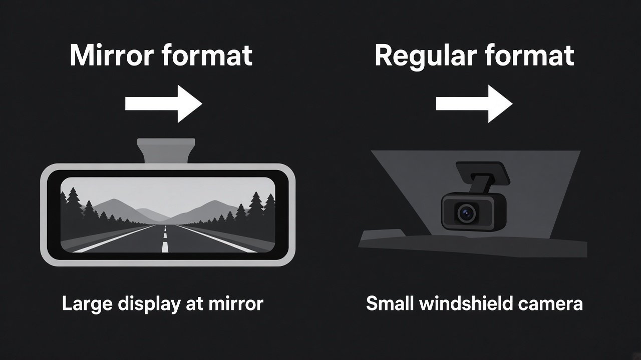 Diagram comparing a large mirror-area display with a small windshield-mounted regular dash cam