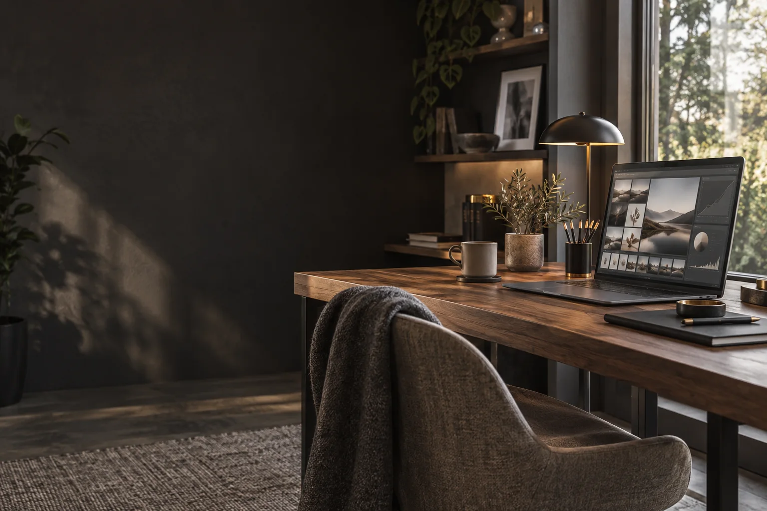 Premium modern workspace with an unbranded computer displaying a subtle AI-assisted creative workflow