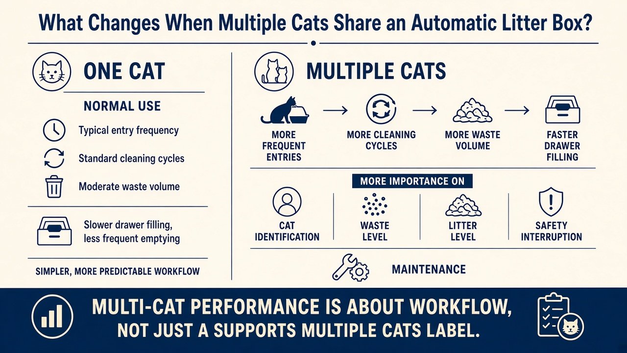 Graphic showing what changes when multiple cats share an automatic litter box