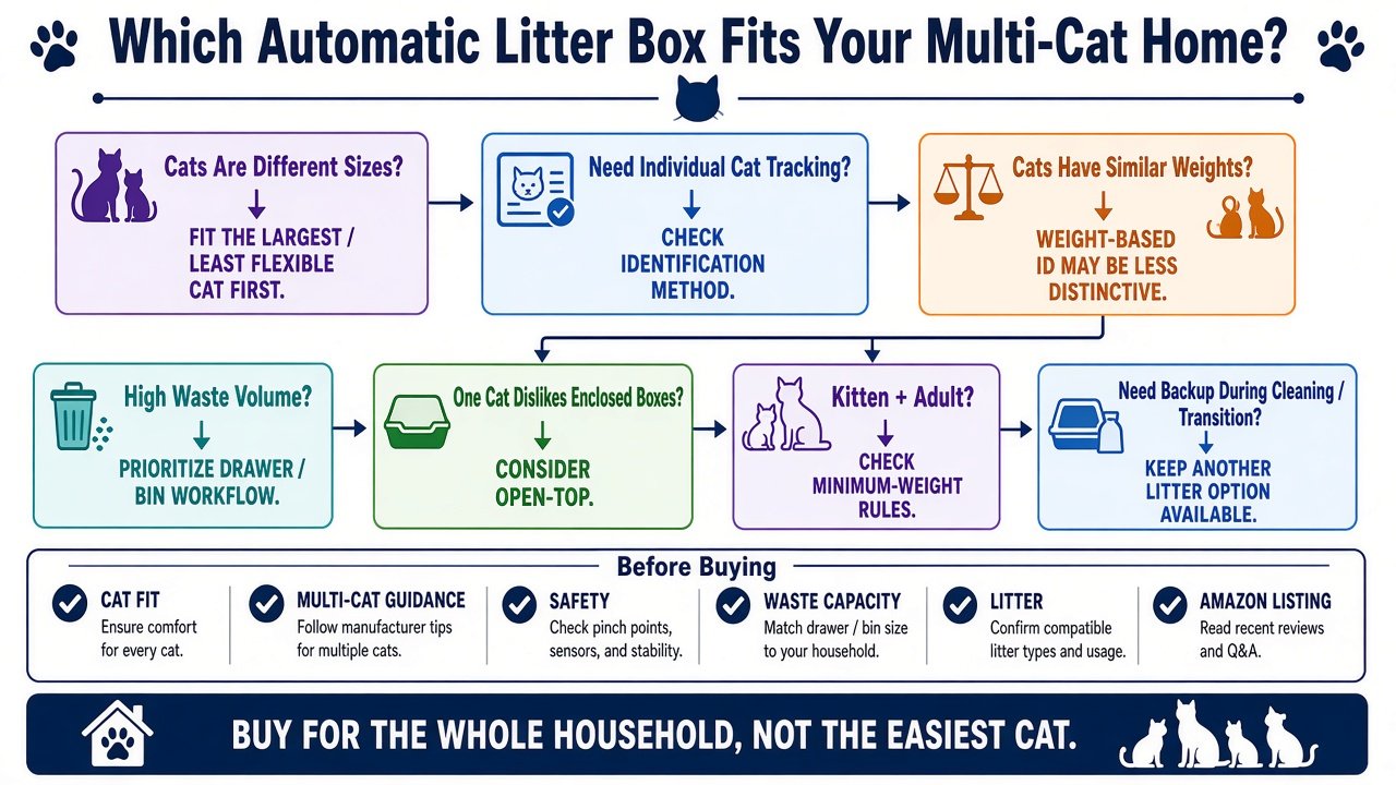 Decision infographic for which automatic litter box fits a multi-cat home