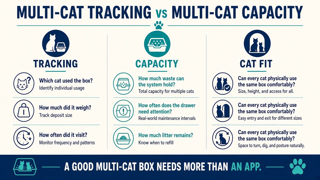 Graphic comparing multi-cat tracking, waste capacity, and cat fit