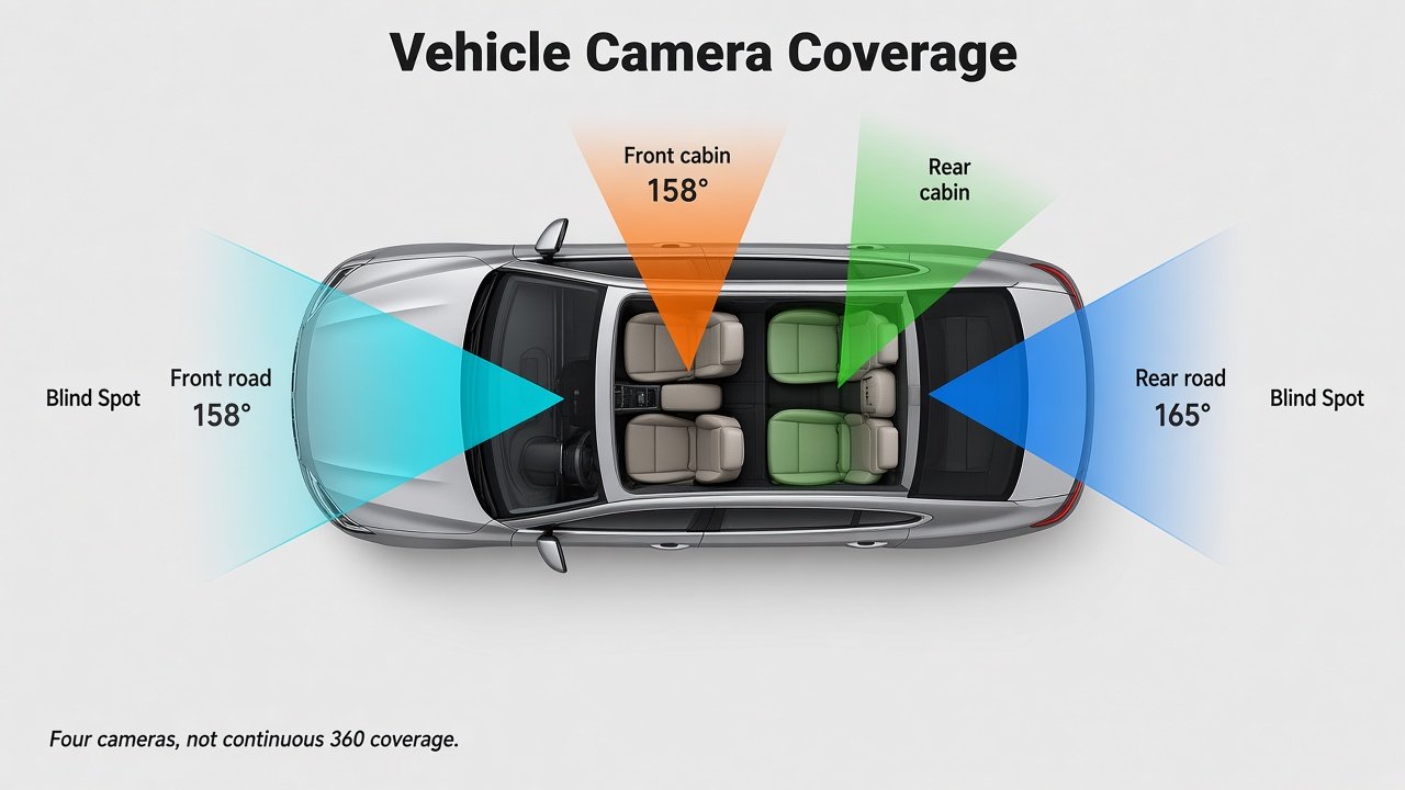 Diagram of Vantrue N5S front road, rear road, and cabin camera coverage with remaining blind spots